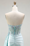 Sparkly Light Green Mermaid Corset Beaded Long Formal Dress with Streamer