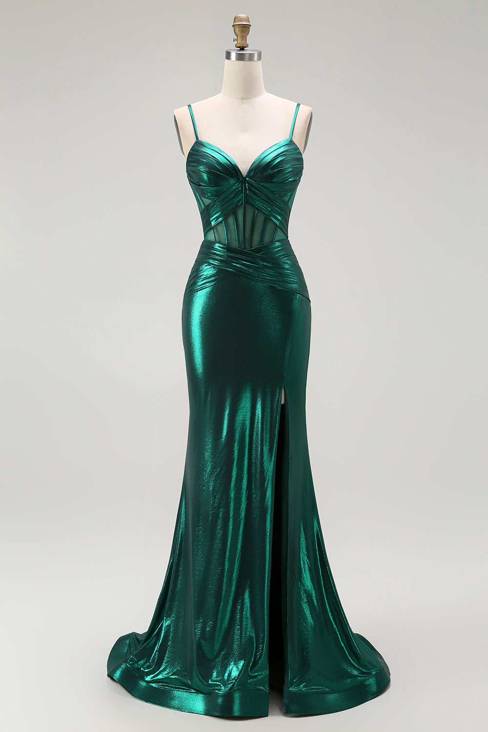 Dark Green Mermaid Metallic Corset Long Formal Dress with Slit