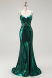 Dark Green Mermaid Metallic Corset Long Formal Dress with Slit