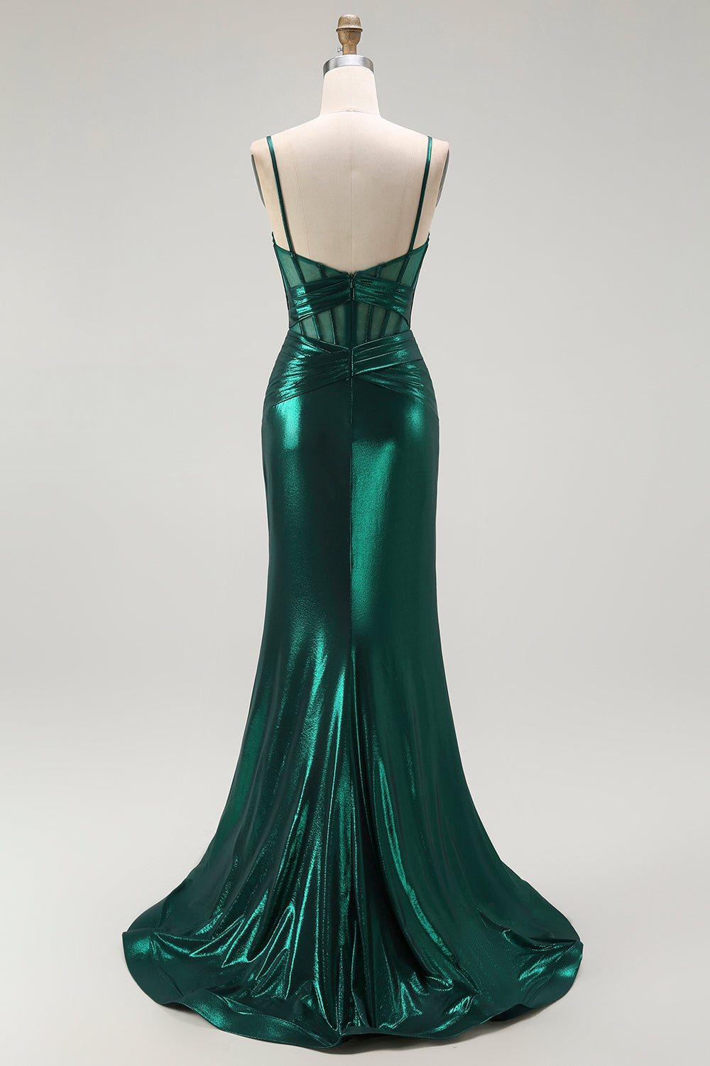 Dark Green Mermaid Metallic Corset Long Formal Dress with Slit