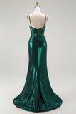 Dark Green Mermaid Metallic Corset Long Formal Dress with Slit