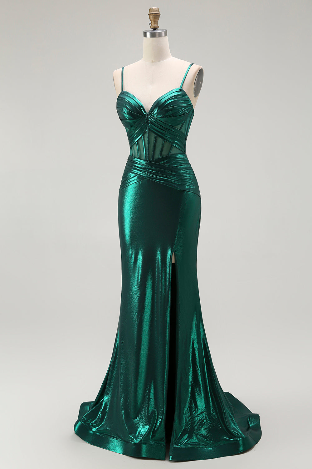 Dark Green Mermaid Metallic Corset Long Formal Dress with Slit