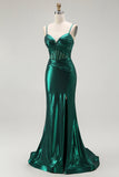 Dark Green Mermaid Metallic Corset Long Formal Dress with Slit