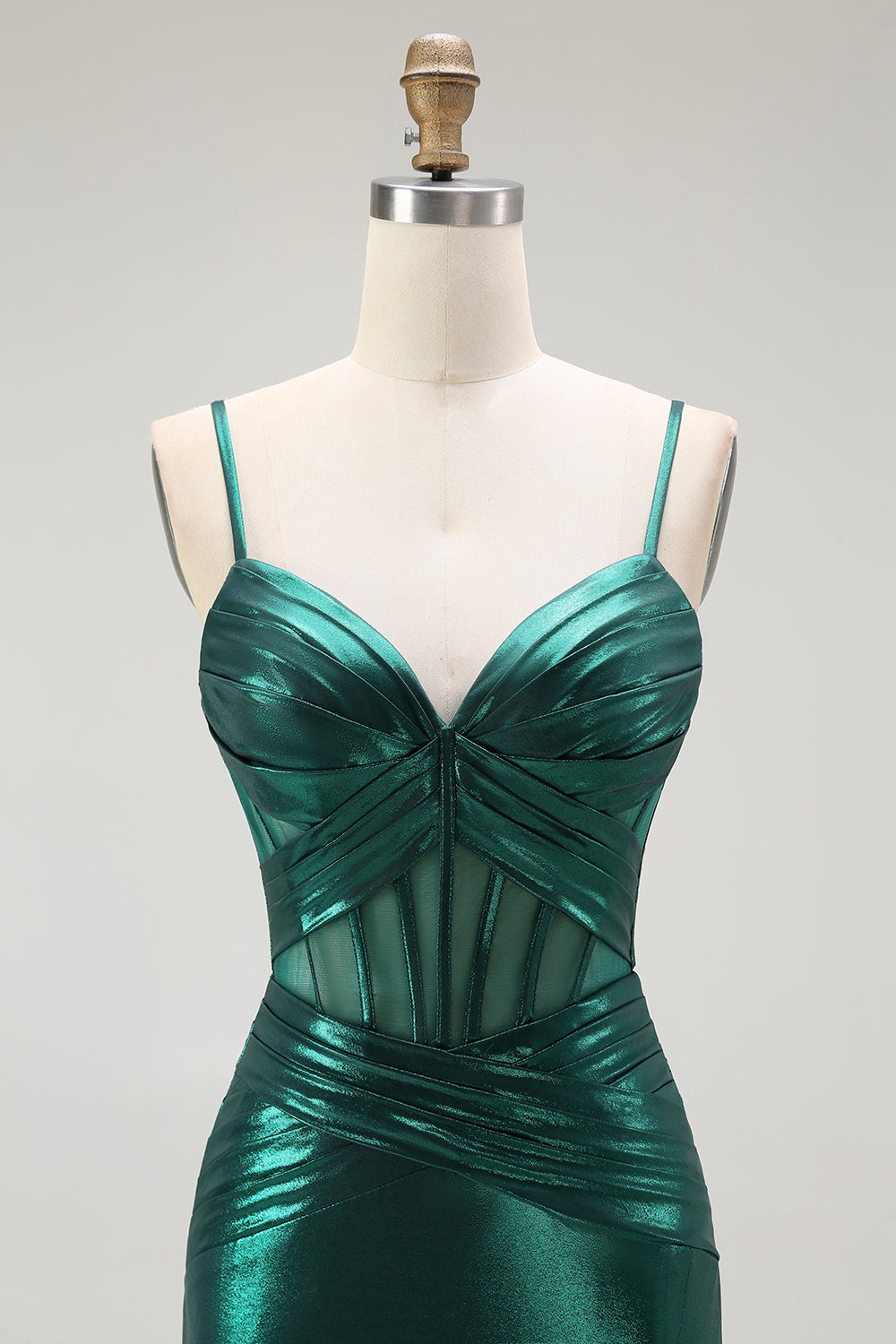 Dark Green Mermaid Metallic Corset Long Formal Dress with Slit