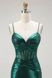 Dark Green Mermaid Metallic Corset Long Formal Dress with Slit