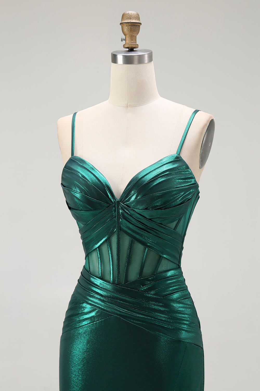 Dark Green Mermaid Metallic Corset Long Formal Dress with Slit