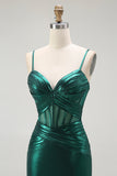 Dark Green Mermaid Metallic Corset Long Formal Dress with Slit