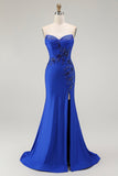 Sparkly Royal Blue Mermaid Corset Sweetheart Beaded Long Formal Dress with Slit