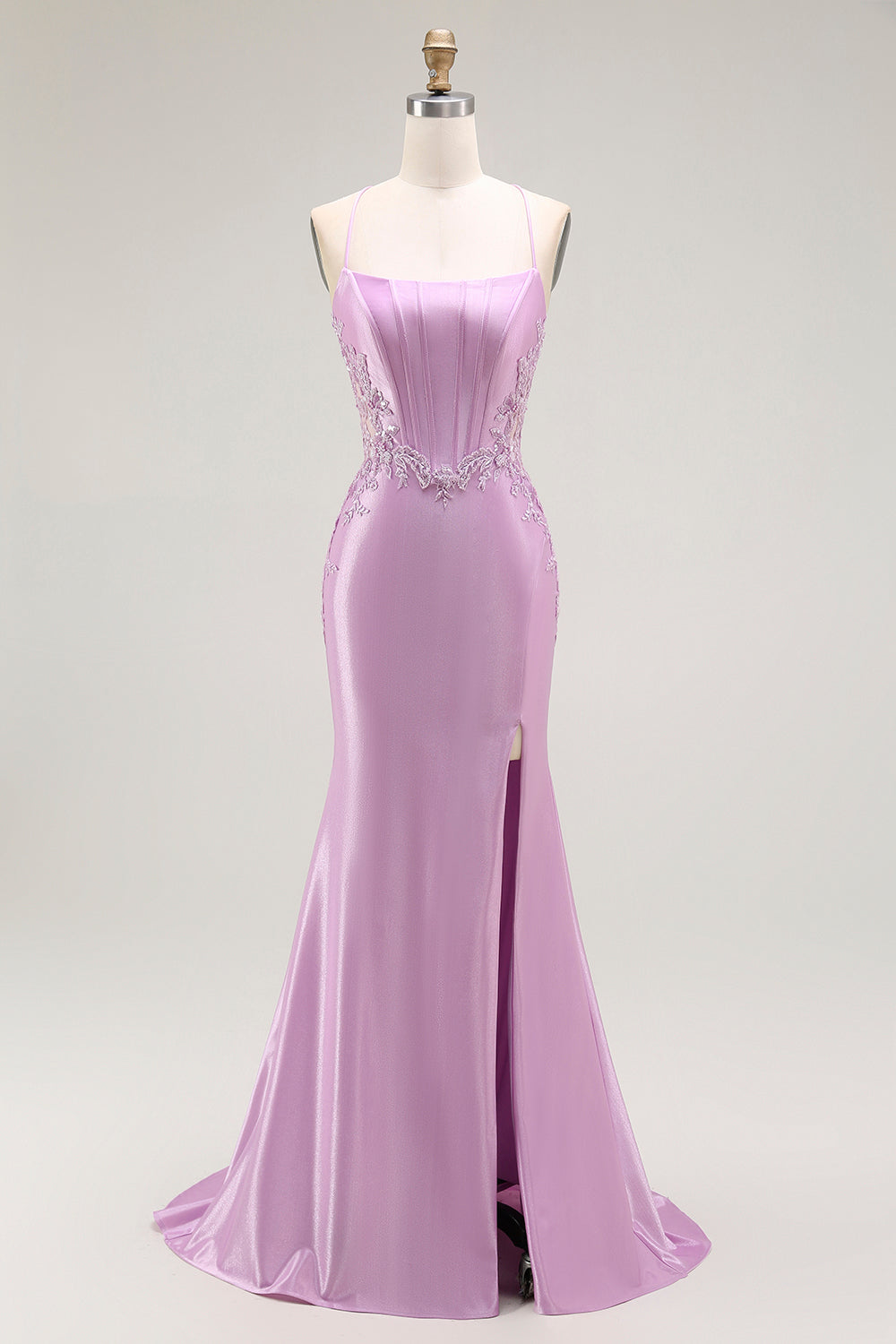 Sparkly Purple Mermaid Spaghetti Straps Corset Long Formal Dress with Slit