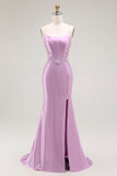 Sparkly Purple Mermaid Spaghetti Straps Corset Long Formal Dress with Slit