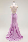 Sparkly Purple Mermaid Spaghetti Straps Corset Long Formal Dress with Slit