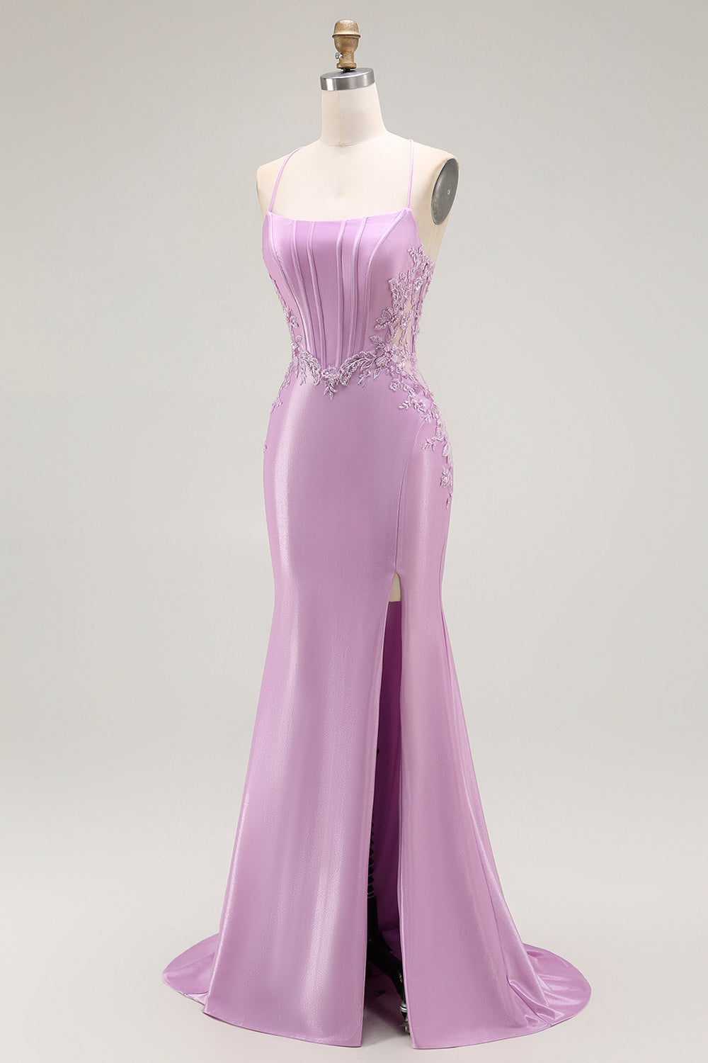 Sparkly Purple Mermaid Spaghetti Straps Corset Long Formal Dress with Slit