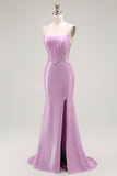 Sparkly Purple Mermaid Spaghetti Straps Corset Long Formal Dress with Slit