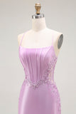 Sparkly Purple Mermaid Spaghetti Straps Corset Long Formal Dress with Slit