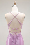 Sparkly Purple Mermaid Spaghetti Straps Corset Long Formal Dress with Slit