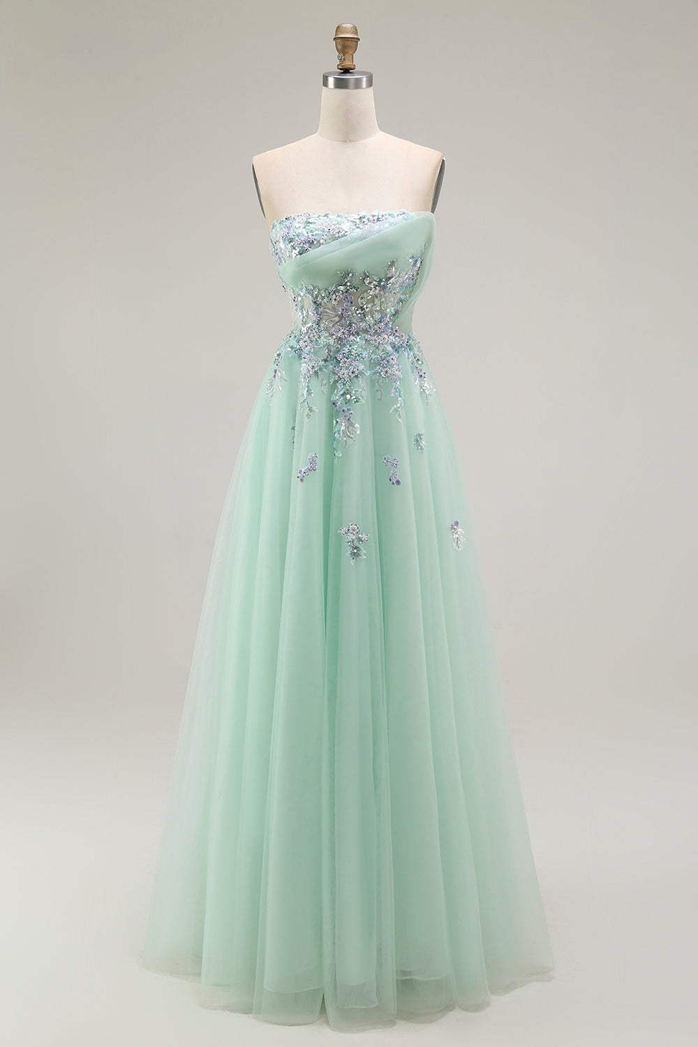 Sparkly Green A Line Strapless Tulle Long Formal Dress with Appliques
