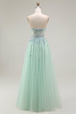 Sparkly Green A Line Strapless Tulle Long Formal Dress with Appliques