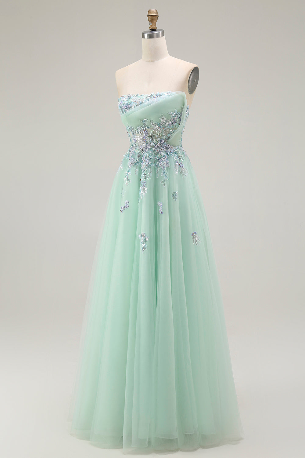 Sparkly Green A Line Strapless Tulle Long Formal Dress with Appliques