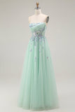 Sparkly Green A Line Strapless Tulle Long Formal Dress with Appliques