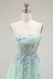 Sparkly Green A Line Strapless Tulle Long Formal Dress with Appliques