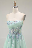 Sparkly Green A Line Strapless Tulle Long Formal Dress with Appliques