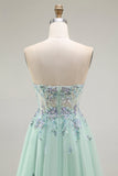 Sparkly Green A Line Strapless Tulle Long Formal Dress with Appliques