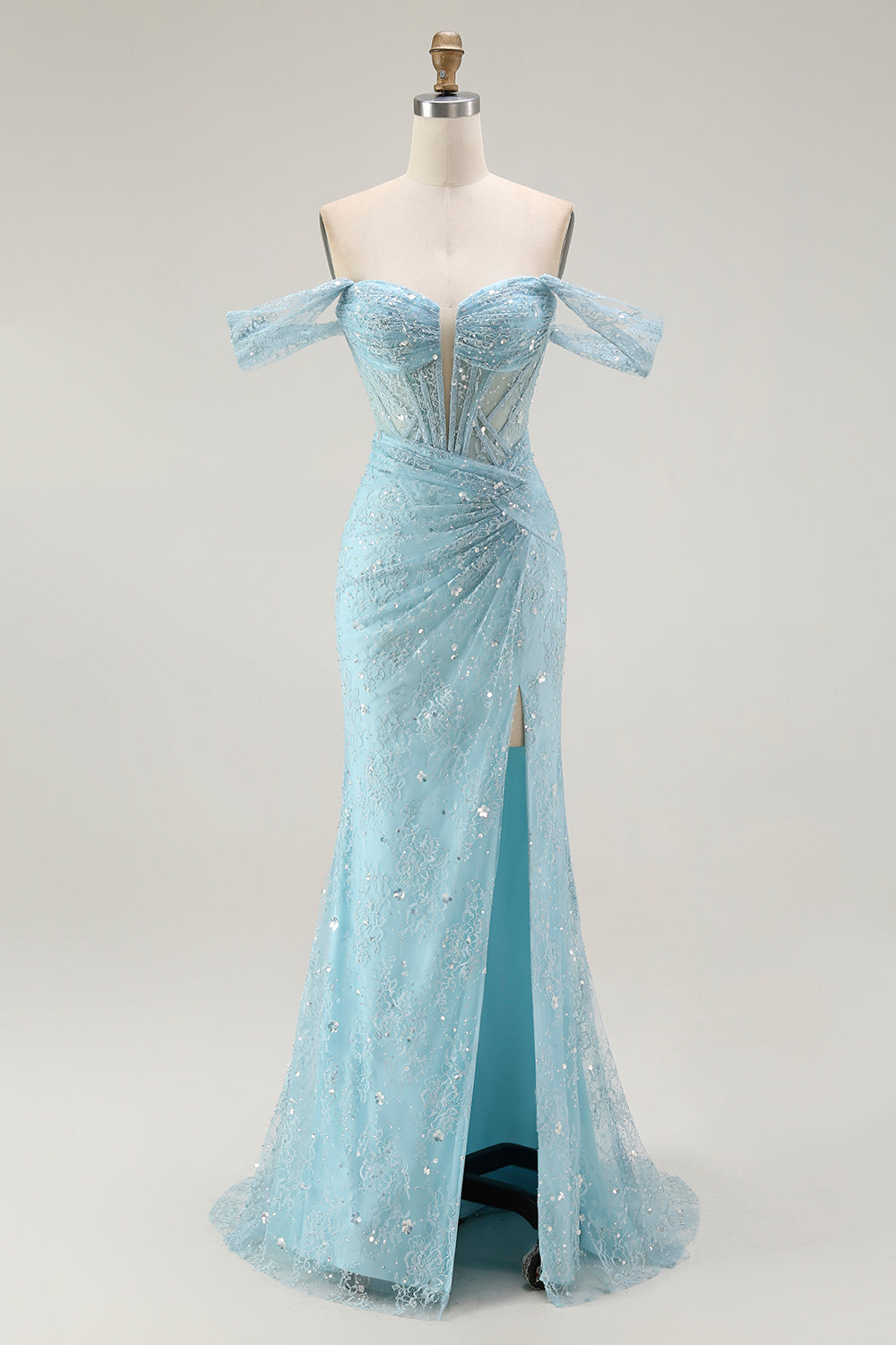Sparkly Blue Mermaid Corset Off The Shoulder Beaded Long Formal Dress with Slit