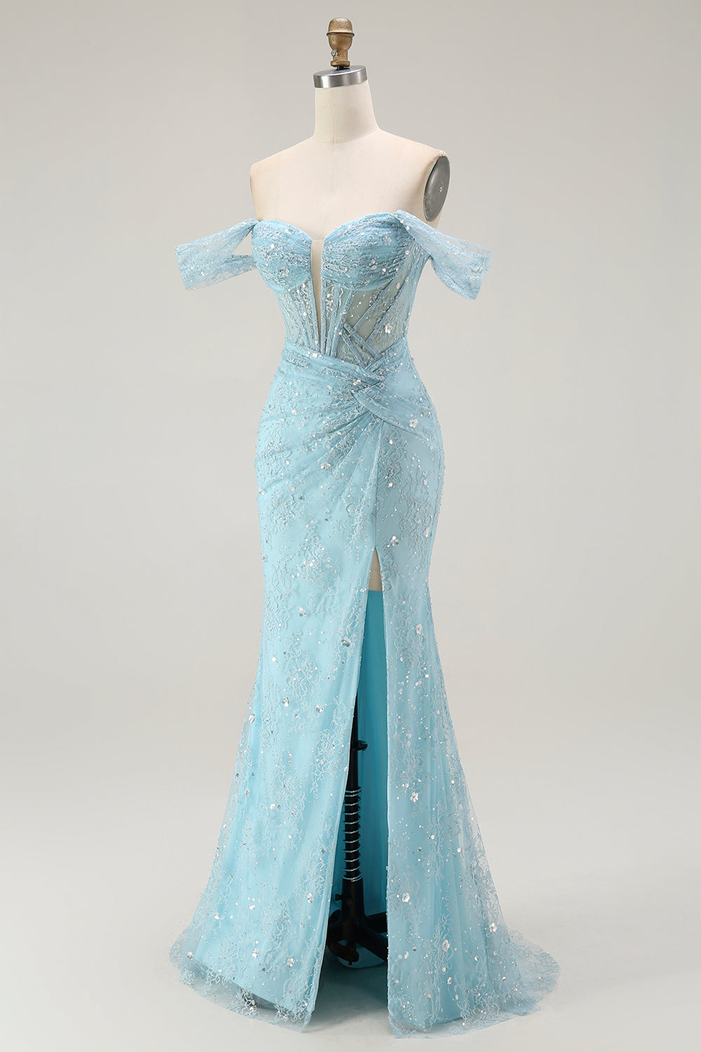 Sparkly Blue Mermaid Corset Off The Shoulder Beaded Long Formal Dress with Slit