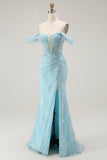 Sparkly Blue Mermaid Corset Off The Shoulder Beaded Long Formal Dress with Slit