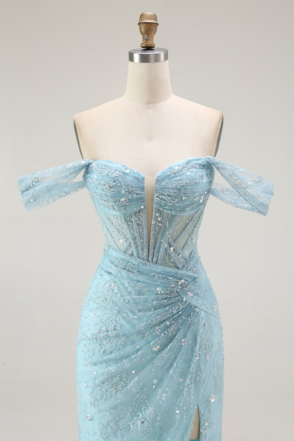 Sparkly Blue Mermaid Corset Off The Shoulder Beaded Long Formal Dress with Slit