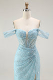 Sparkly Blue Mermaid Corset Off The Shoulder Beaded Long Formal Dress with Slit