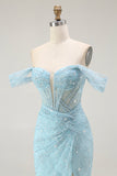 Sparkly Blue Mermaid Corset Off The Shoulder Beaded Long Formal Dress with Slit