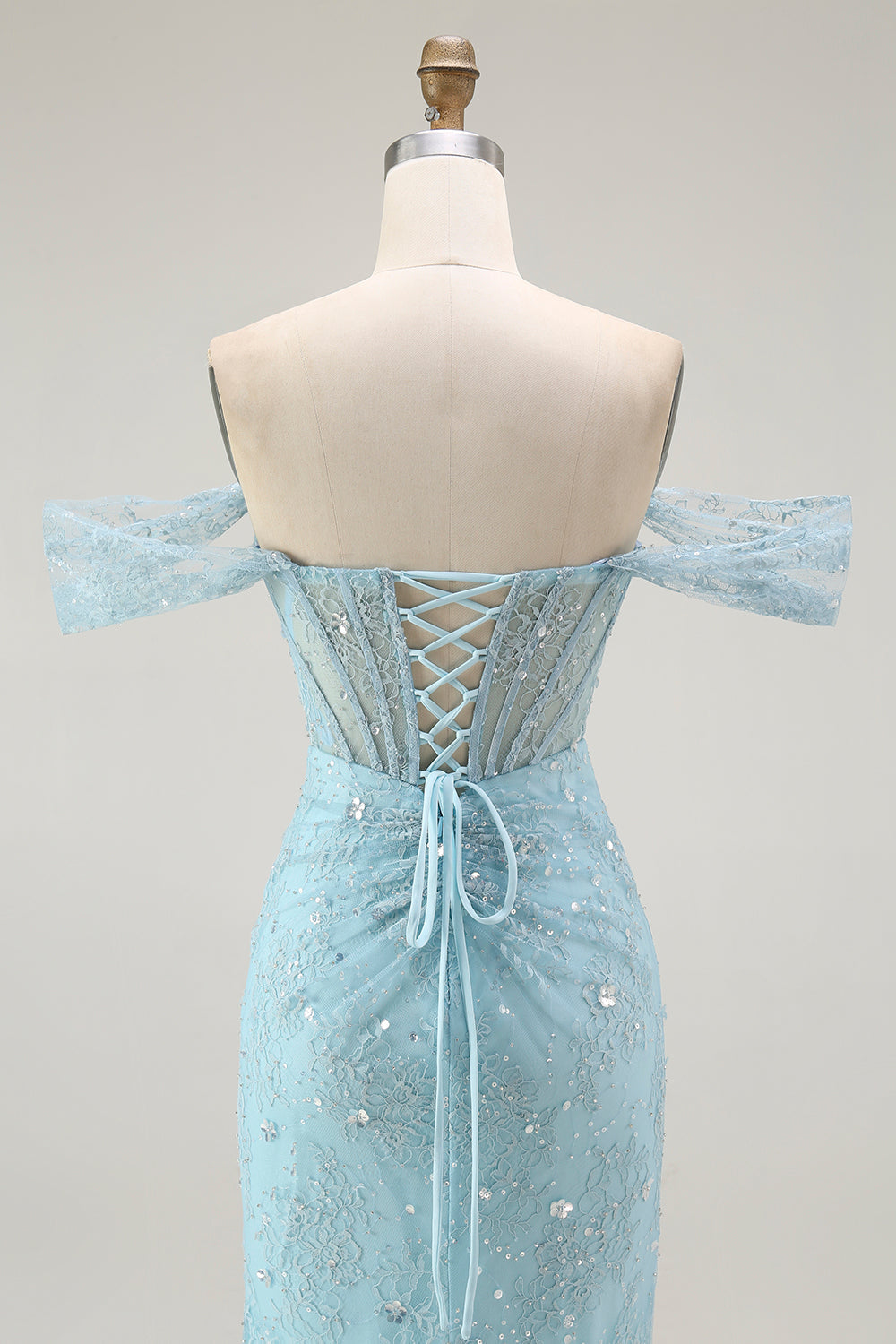Sparkly Blue Mermaid Corset Off The Shoulder Beaded Long Formal Dress with Slit