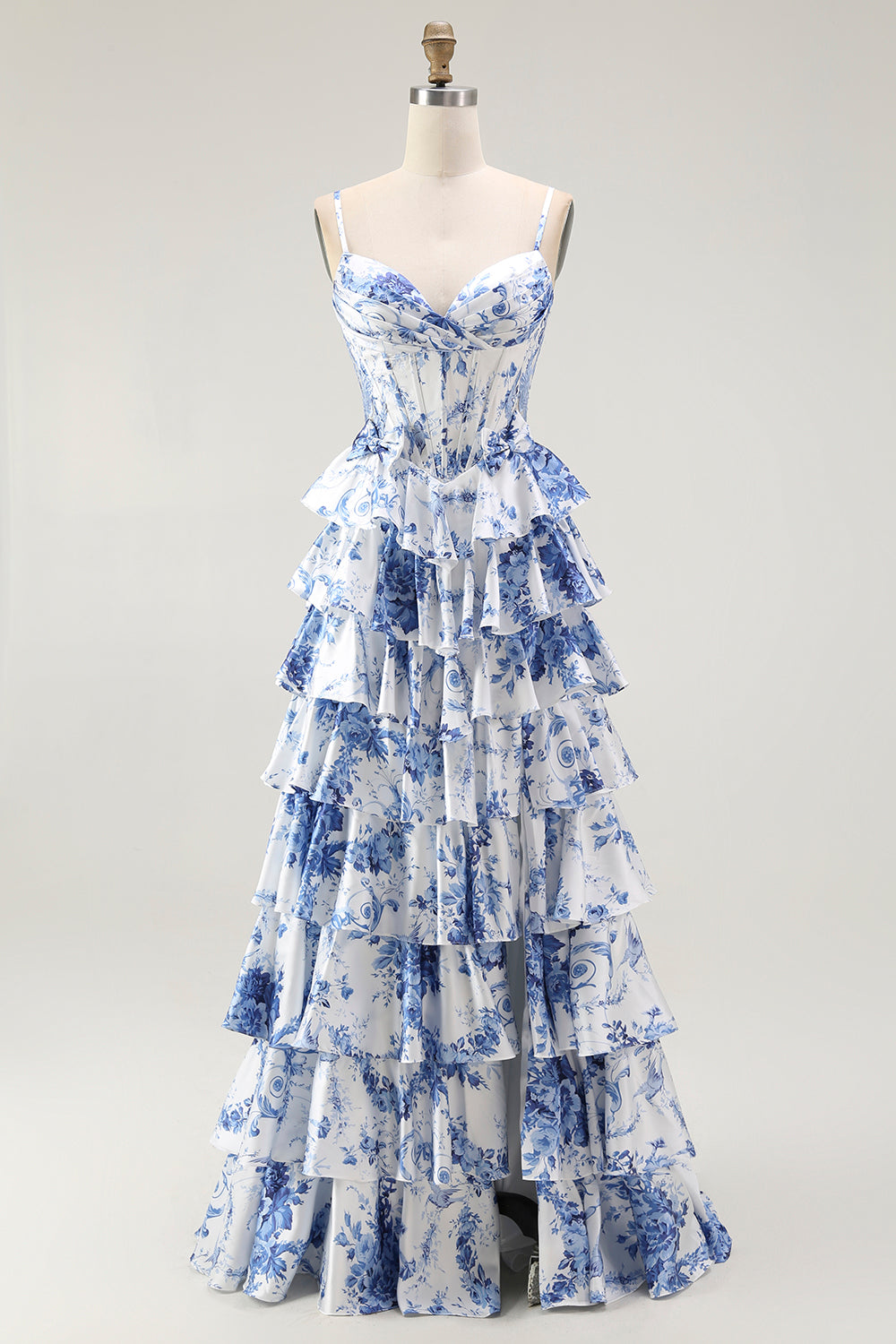 White Blue Floral Corset A Line Tiered Long Formal Dress with Slit