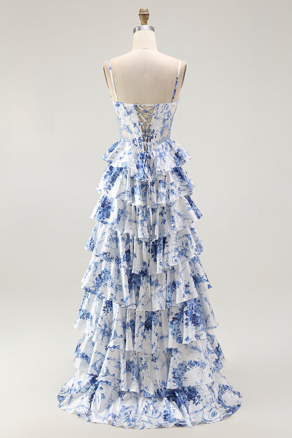 White Blue Floral Corset A Line Tiered Long Formal Dress with Slit