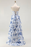 White Blue Floral Corset A Line Tiered Long Formal Dress with Slit
