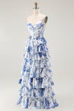 White Blue Floral Corset A Line Tiered Long Formal Dress with Slit