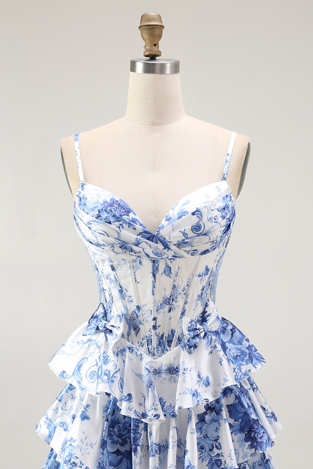 White Blue Floral Corset A Line Tiered Long Formal Dress with Slit