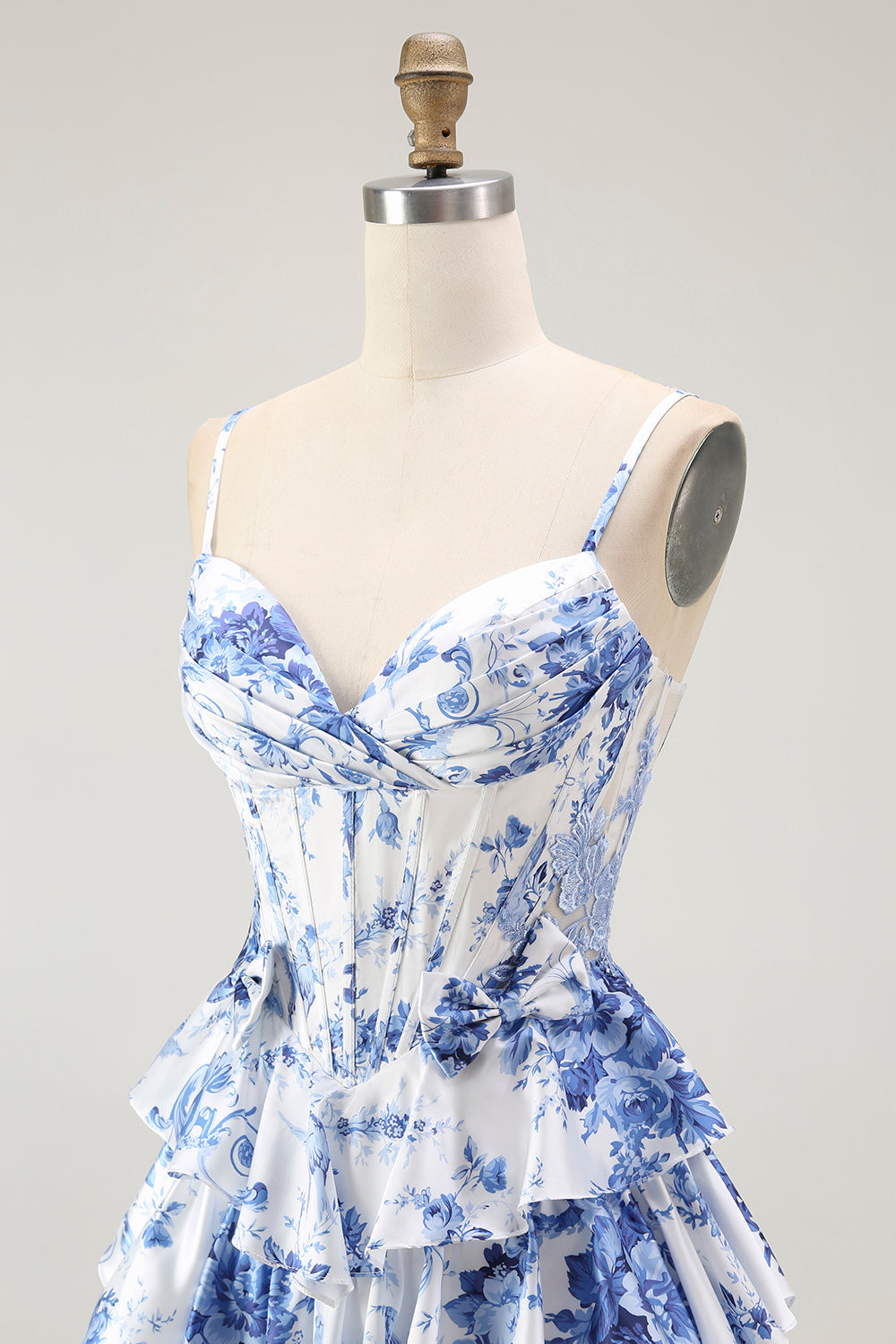 White Blue Floral Corset A Line Tiered Long Formal Dress with Slit