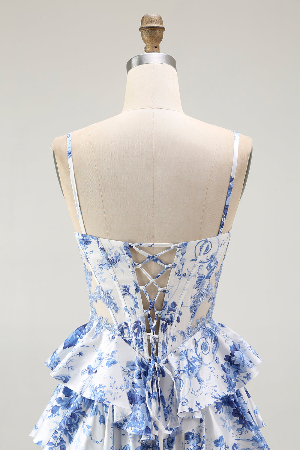 White Blue Floral Corset A Line Tiered Long Formal Dress with Slit