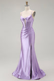Sparkly Purple Mermaid Corset Beaded Long Formal Dress with Slit