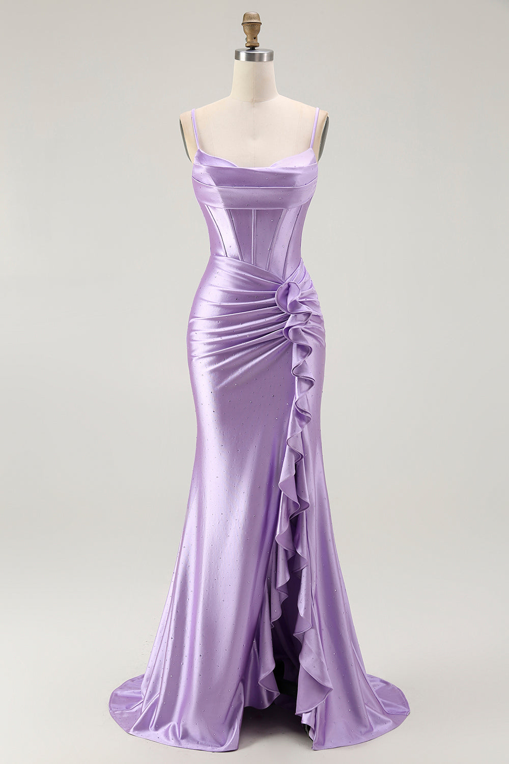 Sparkly Purple Mermaid Corset Ruched Long Formal Dress with Ruffled Slit