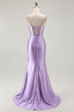 Sparkly Purple Mermaid Corset Ruched Long Formal Dress with Ruffled Slit