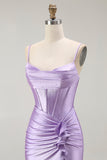 Sparkly Purple Mermaid Corset Ruched Long Formal Dress with Ruffled Slit