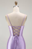 Sparkly Purple Mermaid Corset Ruched Long Formal Dress with Ruffled Slit