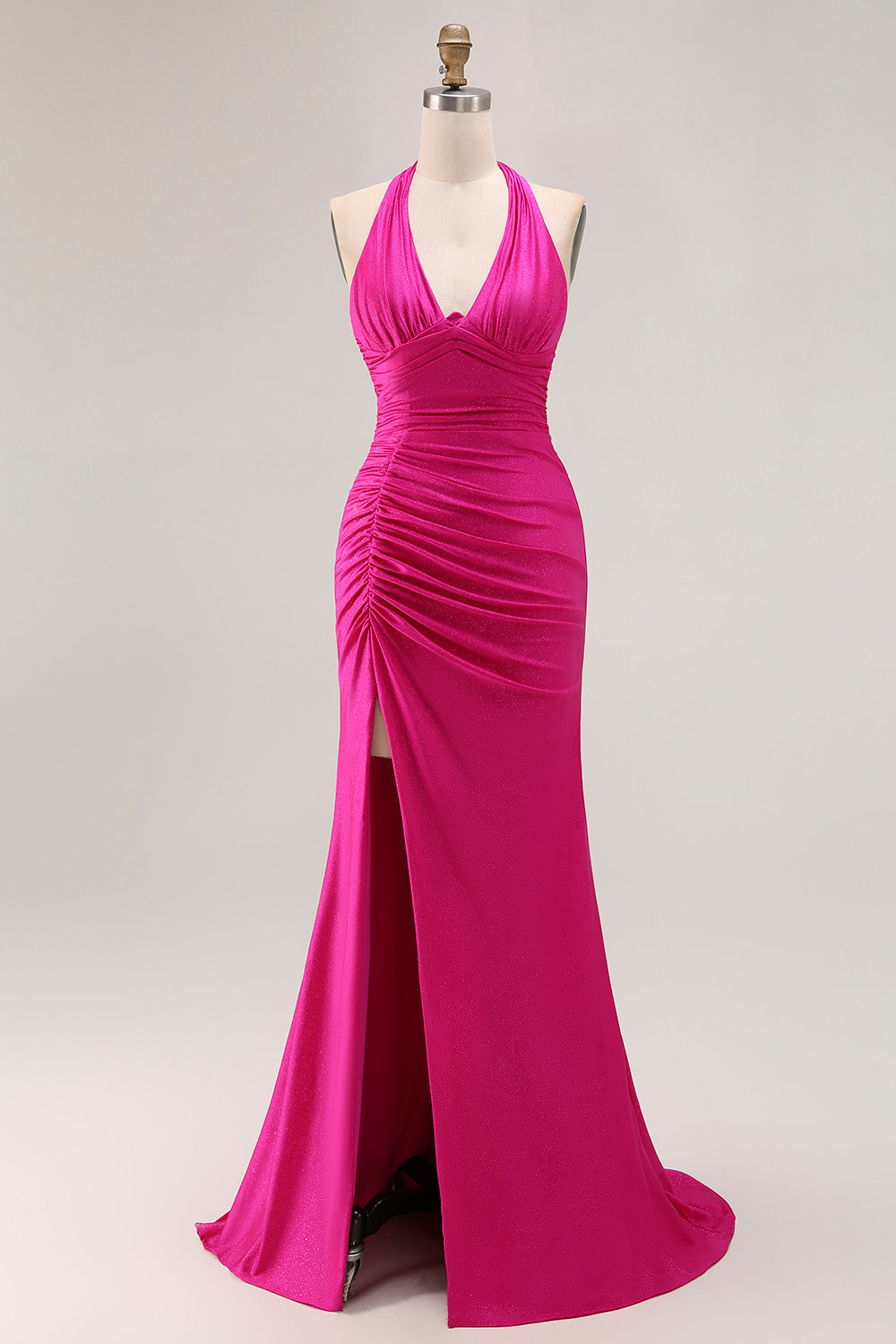 Fuchsia Halter Ruched Mermaid Long Prom Dress With Slit