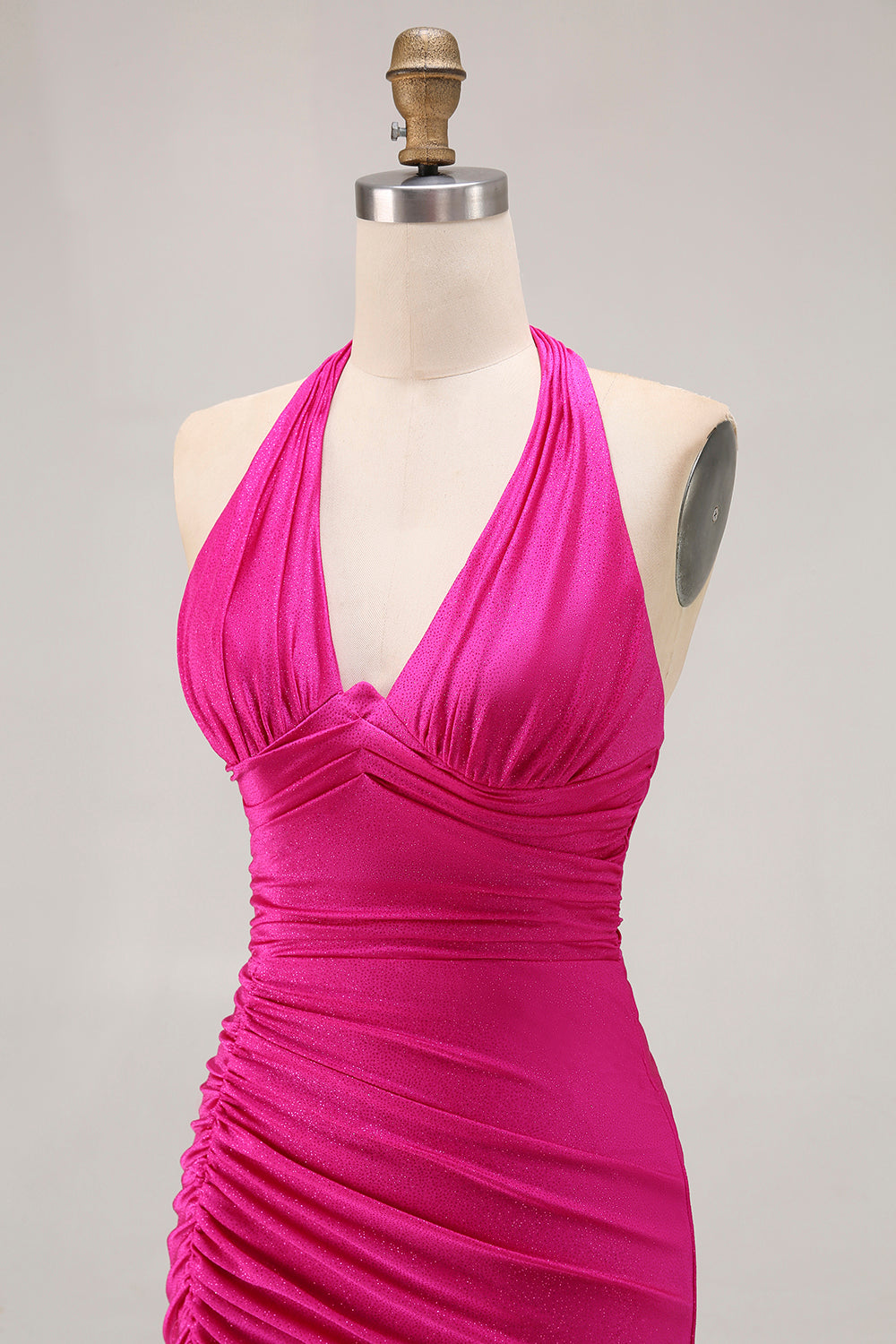 Fuchsia Halter Ruched Mermaid Long Prom Dress With Slit