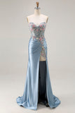 Grey Blue Mermaid Sweetheart Appliqued Corset Beaded Long Prom Dress With Slit