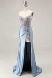 Grey Blue Mermaid Sweetheart Appliqued Corset Beaded Long Prom Dress With Slit