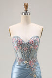 Grey Blue Mermaid Sweetheart Appliqued Corset Beaded Long Prom Dress With Slit